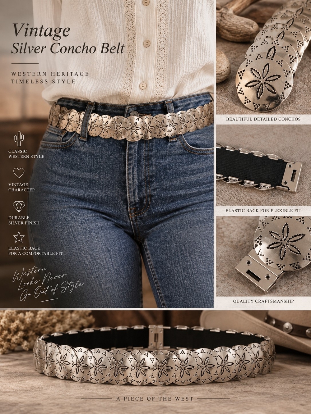 Vintage Silver Floral Concho Belt